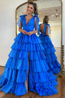 Load image into Gallery viewer, Fuchsia A Line V Neck Long Ruffled Formal Dress