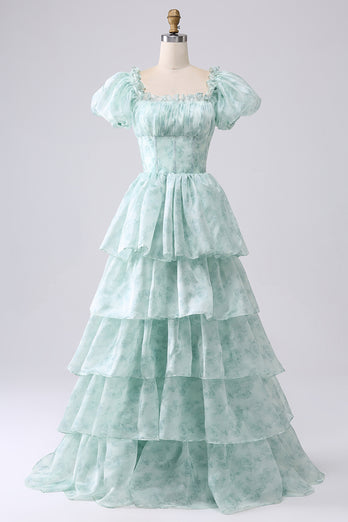 Light Blue A Line Long Tiered Corset Formal Dress