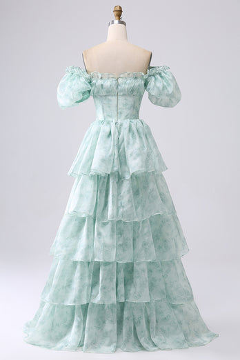 Light Blue A Line Long Tiered Corset Formal Dress