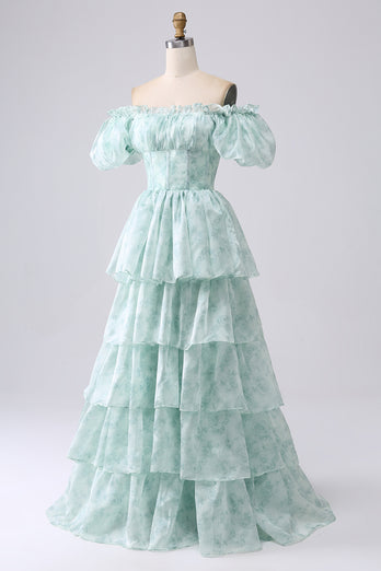 Light Blue A Line Long Tiered Corset Formal Dress