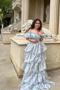 A Line Square Neck Light Blue Tiered Formal Dress with Ruffles