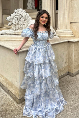 A Line Square Neck Light Blue Tiered Formal Dress with Ruffles