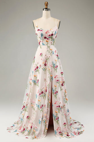 Ivory Floral A-Line Spaghetti Straps Corset Long Formal Dress With Slit