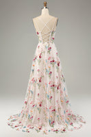 Load image into Gallery viewer, Ivory Floral A-Line Spaghetti Straps Corset Long Formal Dress With Slit
