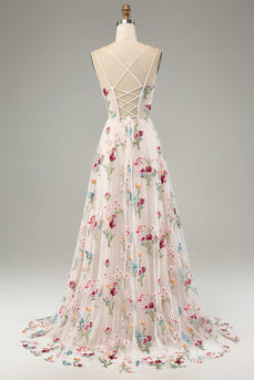 Ivory Floral A-Line Spaghetti Straps Corset Long Formal Dress With Slit