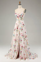 Load image into Gallery viewer, Ivory Floral A-Line Spaghetti Straps Corset Long Formal Dress With Slit