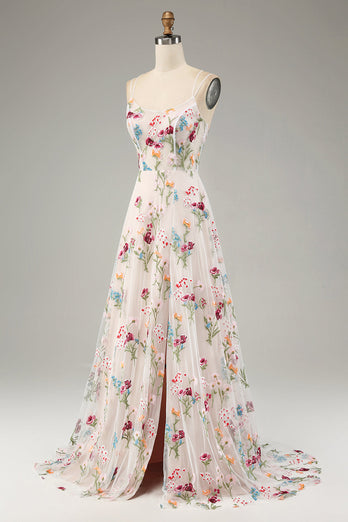 Ivory Floral A-Line Spaghetti Straps Corset Long Formal Dress With Slit