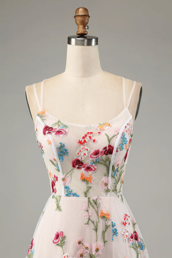 Ivory Floral A-Line Spaghetti Straps Corset Long Formal Dress With Slit