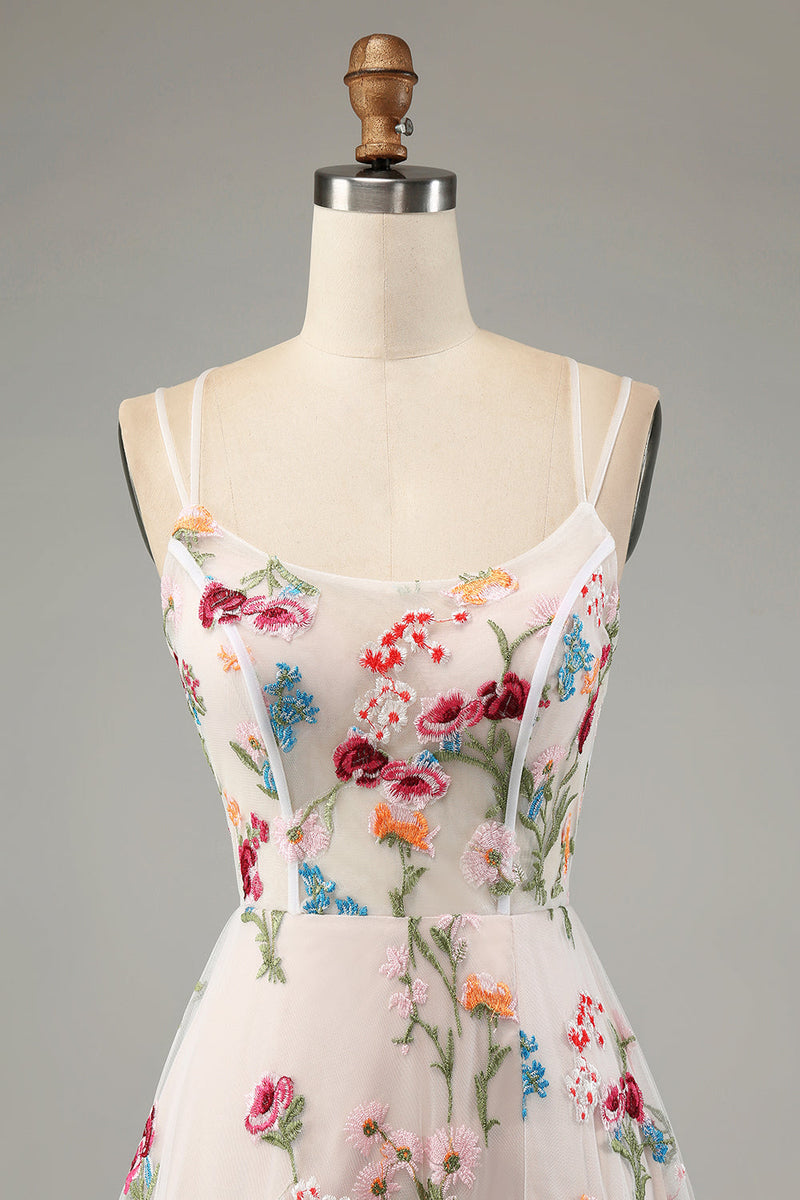 Load image into Gallery viewer, Ivory Floral A-Line Spaghetti Straps Corset Long Formal Dress With Slit
