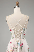 Load image into Gallery viewer, Ivory Floral A-Line Spaghetti Straps Corset Long Formal Dress With Slit