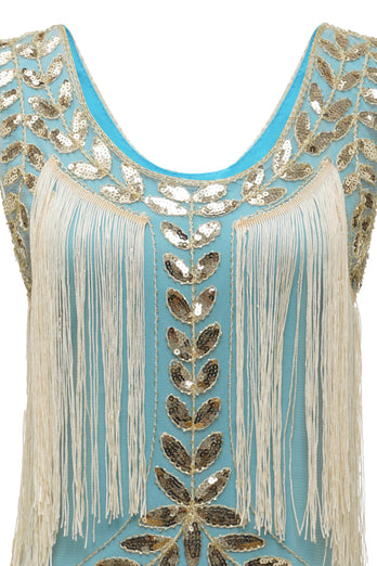 Champagne Gatsby 1920s Dress with Sequins and Fringes