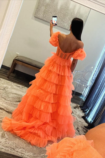 Orange Corset Off The Shoulder Tulle Long Formal Dress