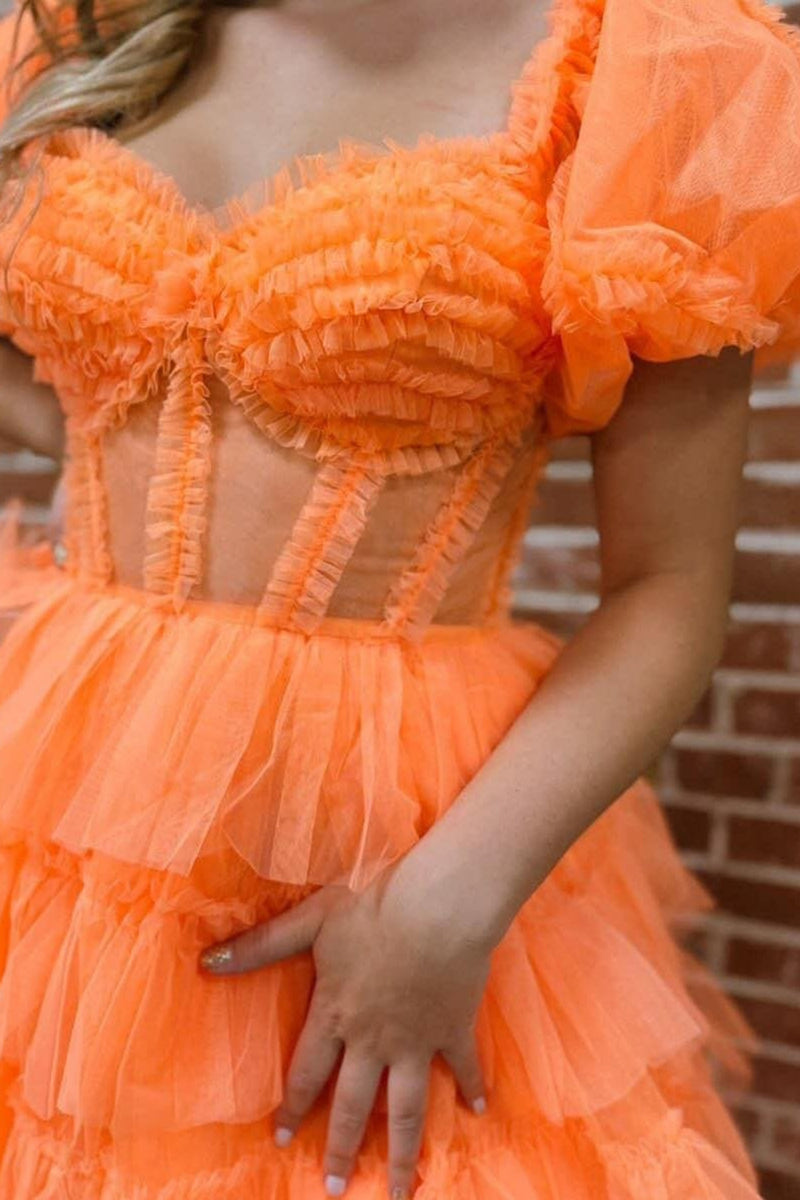 Load image into Gallery viewer, Orange Corset Off The Shoulder Tulle Long Formal Dress