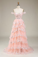 Load image into Gallery viewer, Pink Off The Shoulder Tiered Formal Dress