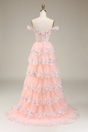 Pink Off The Shoulder Tiered Formal Dress