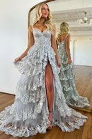 Load image into Gallery viewer, Blue Corset Tiered Lace Formal Dress with Slit