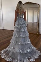 Load image into Gallery viewer, Blue Corset Tiered Lace Formal Dress with Slit