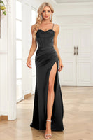 Load image into Gallery viewer, Spaghetti Straps Dark Green Satin Corset Formal Dress with Ruffles
