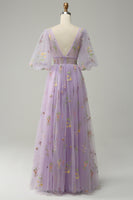 Load image into Gallery viewer, A-Line V-Neck Embroidery Green Long Formal Dress with Short Sleeves