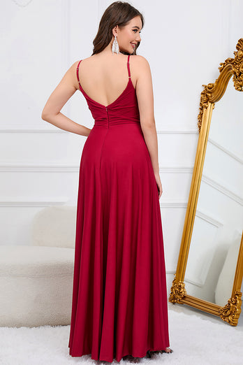 Spaghetti Straps Burgundy Long Formal Dress