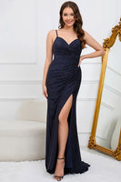 Load image into Gallery viewer, Spaghetti Straps Beaded Dark Green Long Formal Dress with Slit