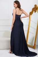 Load image into Gallery viewer, Spaghetti Straps Beaded Dark Green Long Formal Dress with Slit