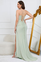 Load image into Gallery viewer, Mermaid Spaghetti Straps Light Green Long Formal Dress with Slit