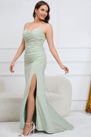 Load image into Gallery viewer, Mermaid Spaghetti Straps Light Green Long Formal Dress with Slit