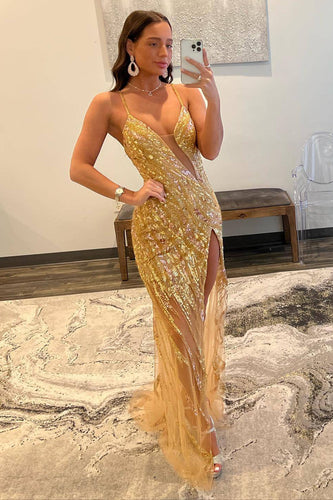 Sparkly Golden Spaghetti Straps Sequins Long Formal Dress with Slit