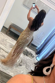 Sparkly Golden Spaghetti Straps Sequins Long Formal Dress with Slit