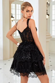 A Line Off the Shoulder Black Corset Short Formal Dress with Lace