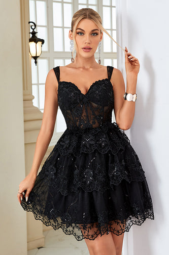 A Line Off the Shoulder Black Corset Short Formal Dress with Lace