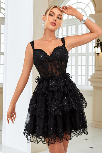 A Line Off the Shoulder Black Corset Short Formal Dress with Lace