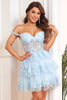 Load image into Gallery viewer, A Line Off the Shoulder Black Corset Short Formal Dress with Lace