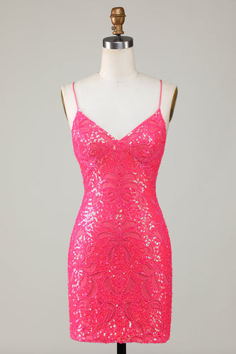 Sparkly Lace-Up Back Fuchsia Short Formal Dress