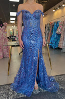 Load image into Gallery viewer, Golden Off The Shoulder Sparkly Mermaid Corset Formal Dress with Slit