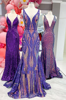 Load image into Gallery viewer, Dark Purple Mermaid V Neck Sequins Long Formal Dress