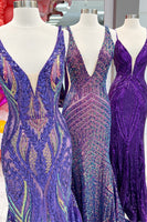 Load image into Gallery viewer, Dark Purple Mermaid V Neck Sequins Long Formal Dress