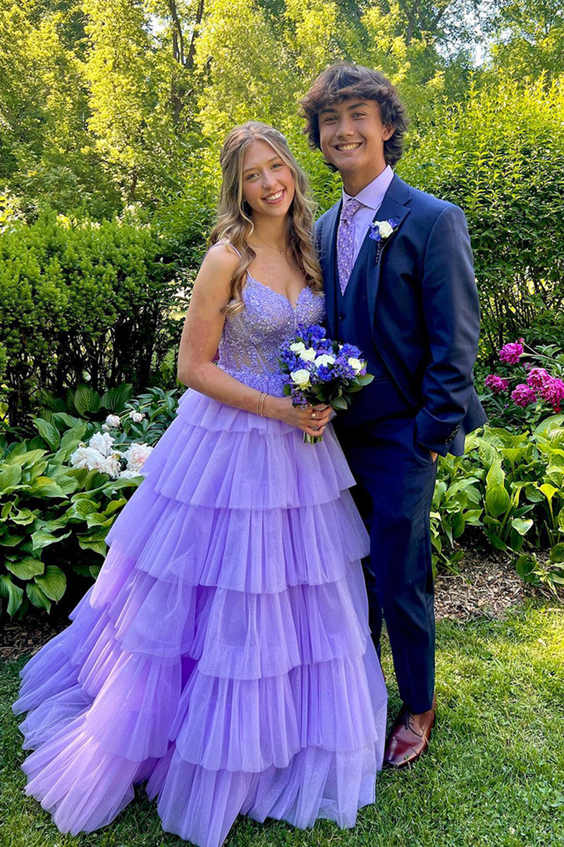 Load image into Gallery viewer, Princess Lilac Tiered Corset Long Formal Dress with Appliques