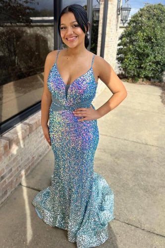 Light Blue Spaghetti Straps Glitter Mermaid Formal Dress with Beading Waist