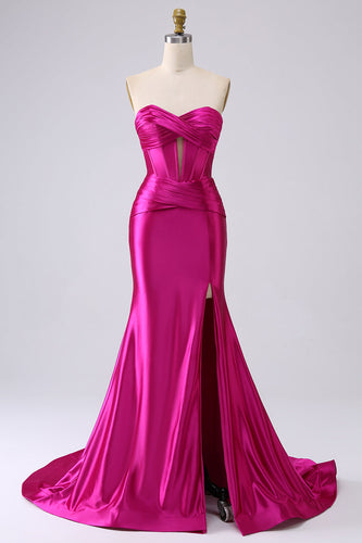 Fuchsia Satin Sweetheart Corset Long Formal Dress with Slit