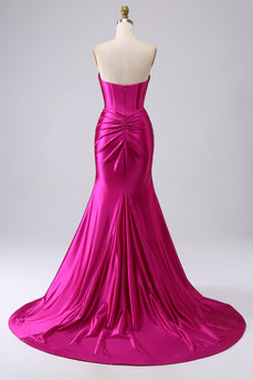 Fuchsia Satin Sweetheart Corset Long Formal Dress with Slit