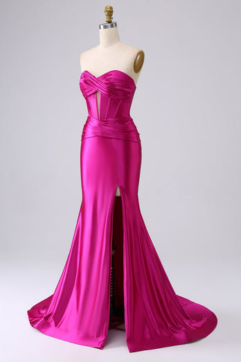 Fuchsia Satin Sweetheart Corset Long Formal Dress with Slit