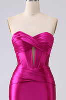 Load image into Gallery viewer, Fuchsia Satin Sweetheart Corset Long Formal Dress with Slit