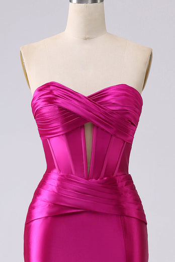 Fuchsia Satin Sweetheart Corset Long Formal Dress with Slit