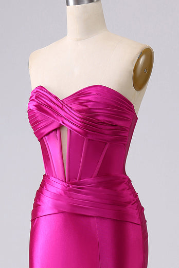 Fuchsia Satin Sweetheart Corset Long Formal Dress with Slit