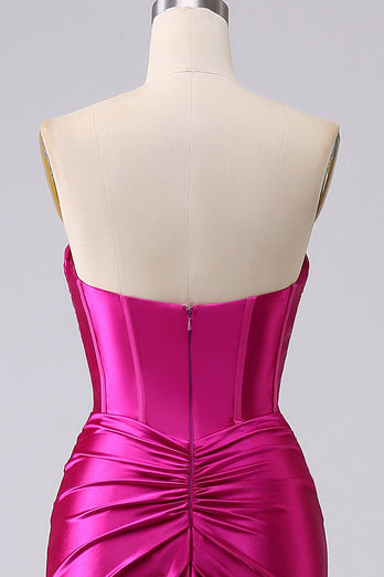 Fuchsia Satin Sweetheart Corset Long Formal Dress with Slit