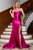 Load image into Gallery viewer, Fuchsia Satin Sweetheart Mermaid Corset Formal Dress with Slit