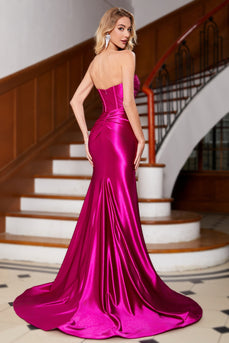 Fuchsia Satin Sweetheart Mermaid Corset Formal Dress with Slit