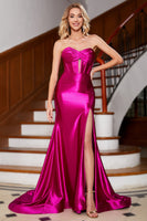 Load image into Gallery viewer, Fuchsia Satin Sweetheart Mermaid Corset Formal Dress with Slit